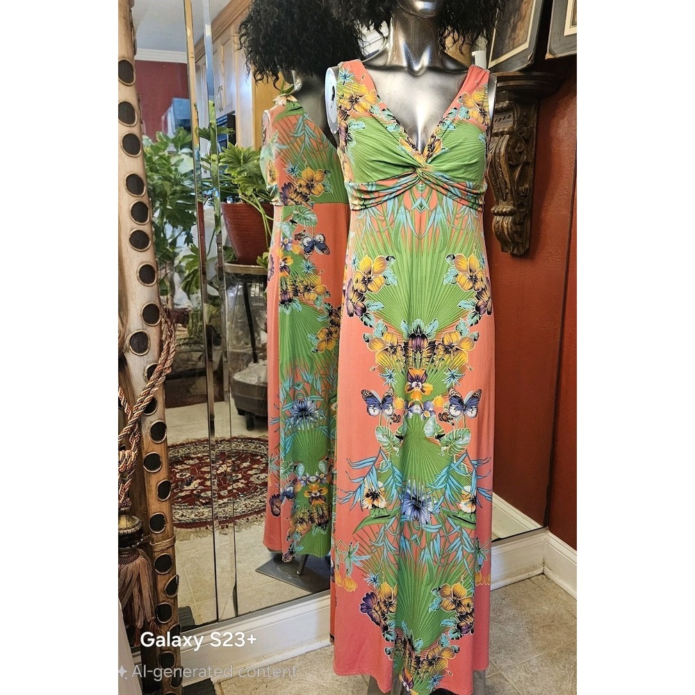 Vintage Ronni Nicole Coral Tropical Floral Maxi Dress Size 6 V-Neck Empire Waist